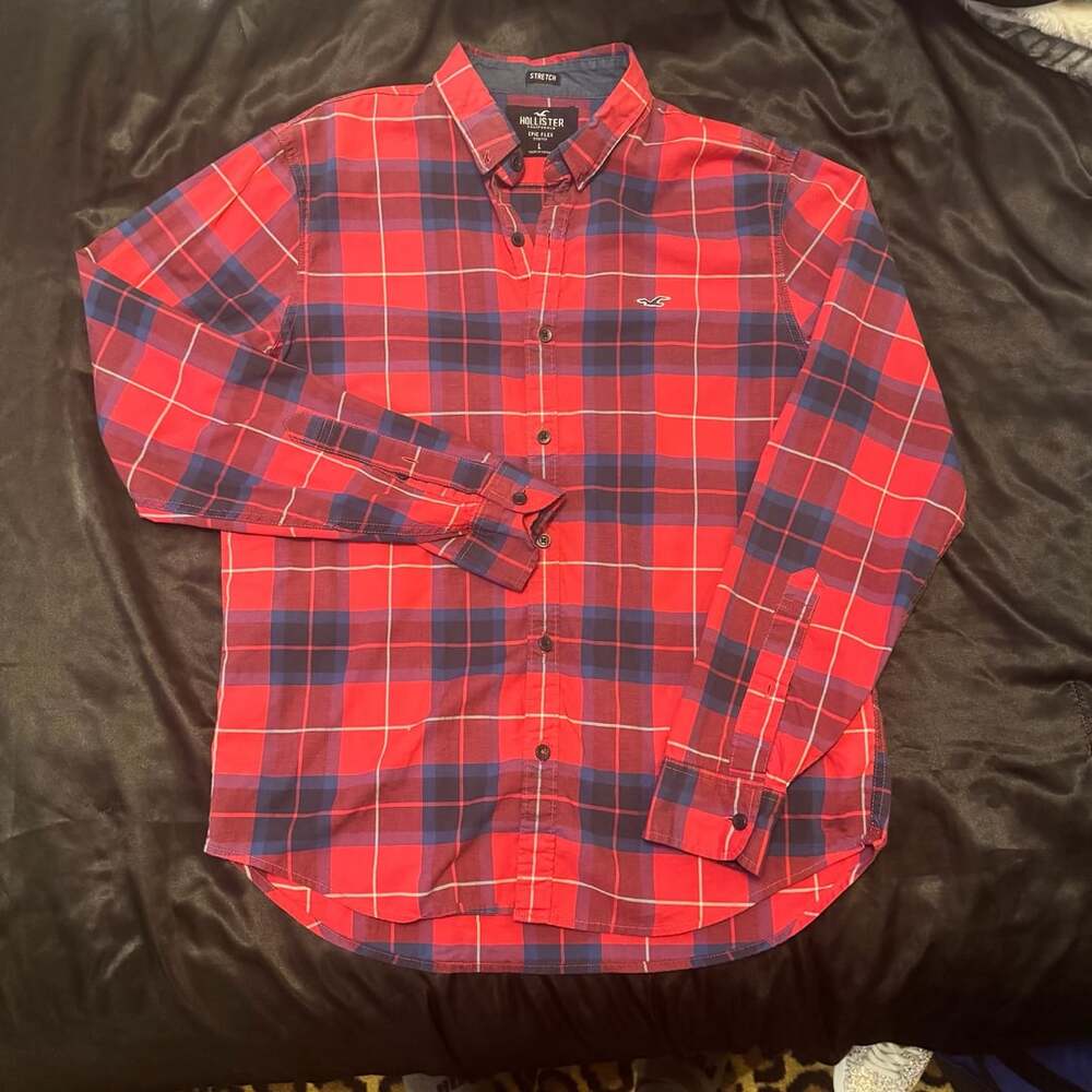 Hollister Epic Flex Stretch Long Sleeve Red Blue Plaid Button Down Shirt L